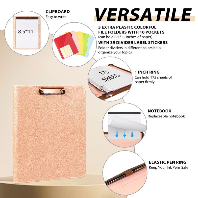 Ospelelf Leather Clipboard with Storage, Zippered Padfolio Portfolio Organizer, 3 Ring Binder 1 Inch, Notepad, Tablet Sleeve, 5 Dividers with Pocket, Stickets for Office, Nurses, Students, Teachers Rose Gold - Image 3