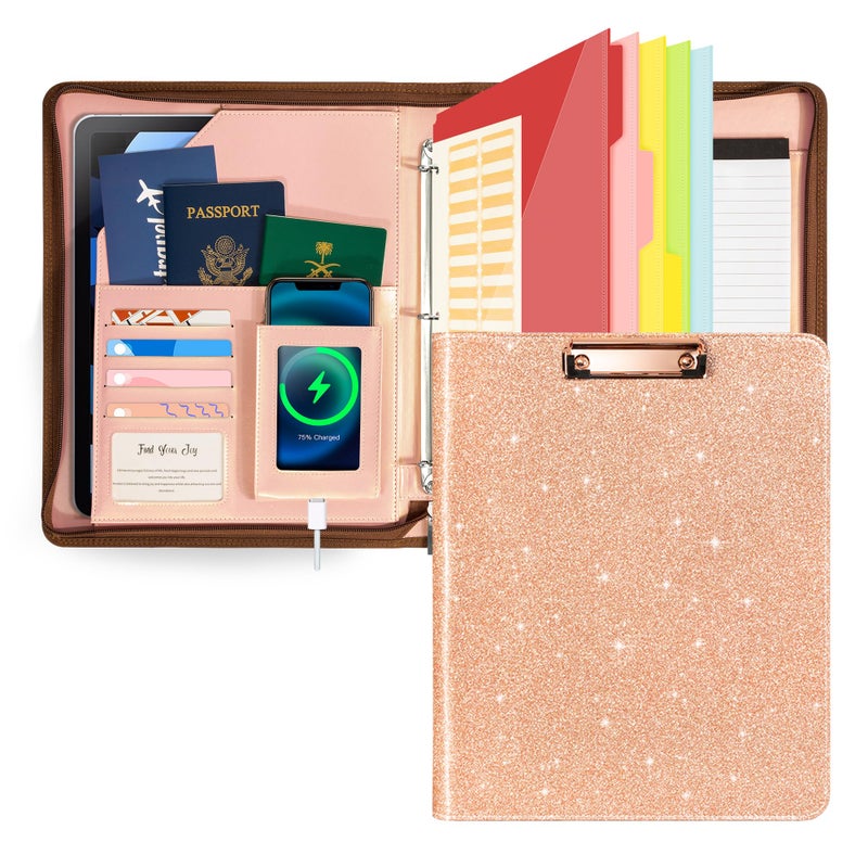 Ospelelf Leather Clipboard with Storage, Zippered Padfolio Portfolio Organizer, 3 Ring Binder 1 Inch, Notepad, Tablet Sleeve, 5 Dividers with Pocket, Stickets for Office, Nurses, Students, Teachers Rose Gold - Image 1