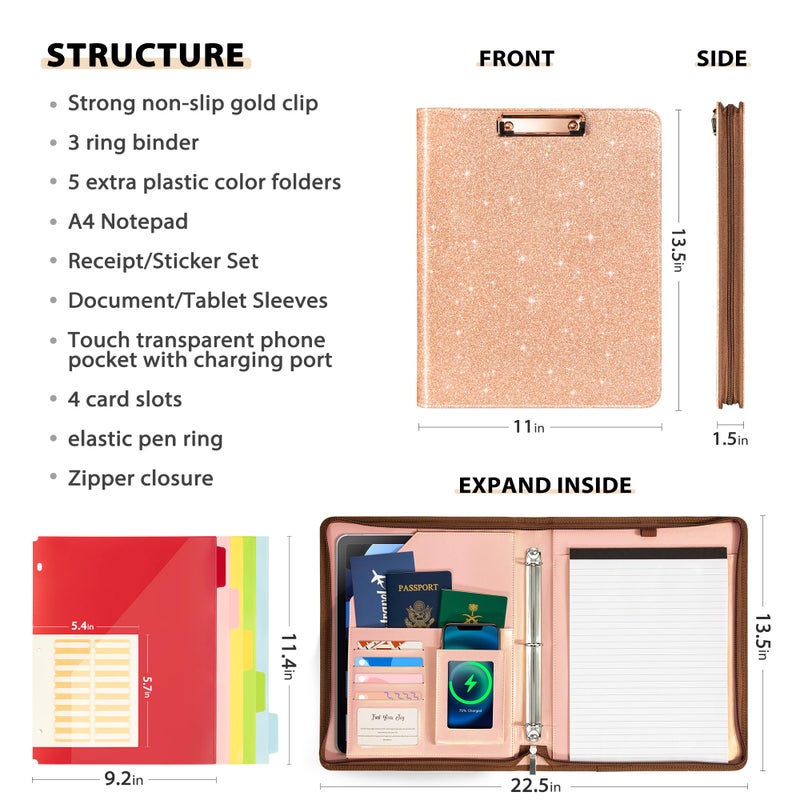 Ospelelf Leather Clipboard with Storage, Zippered Padfolio Portfolio Organizer, 3 Ring Binder 1 Inch, Notepad, Tablet Sleeve, 5 Dividers with Pocket, Stickets for Office, Nurses, Students, Teachers Rose Gold - Image 2