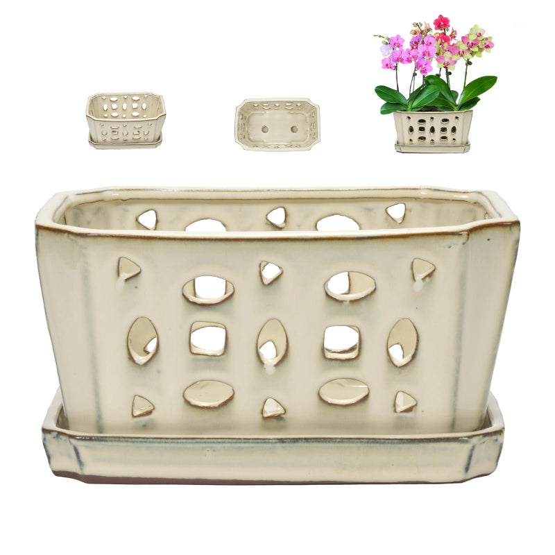 w w W&W Orchid Pot with Holes and Saucer for Repotting, Cream White, 9.7 Inch - Image 1