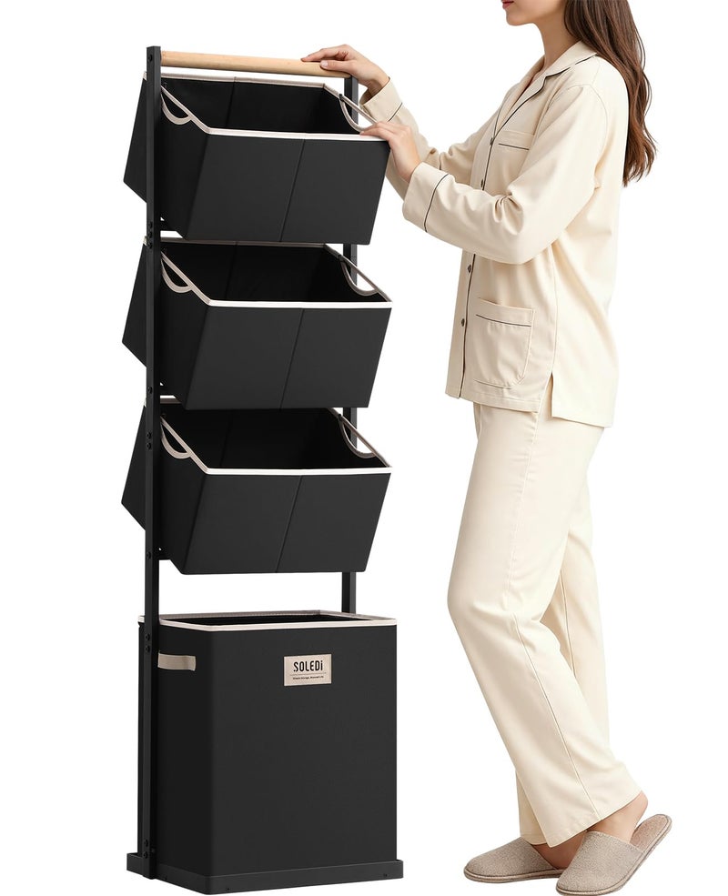 SOLEDI 4 Section Laundry Hamper Sorter, Stackable Laundry Basket Organizer with Removable Basket, 125L 4-Tier Vertical Laundry Sorter for Small Space, Laundry Room, Dorm, Bathroom, Wardrobe Black - Image 1