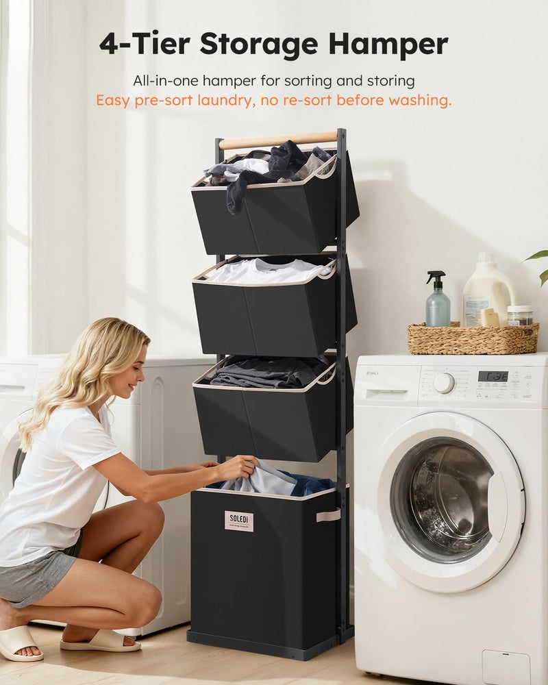 SOLEDI 4 Section Laundry Hamper Sorter, Stackable Laundry Basket Organizer with Removable Basket, 125L 4-Tier Vertical Laundry Sorter for Small Space, Laundry Room, Dorm, Bathroom, Wardrobe Black - Image 3