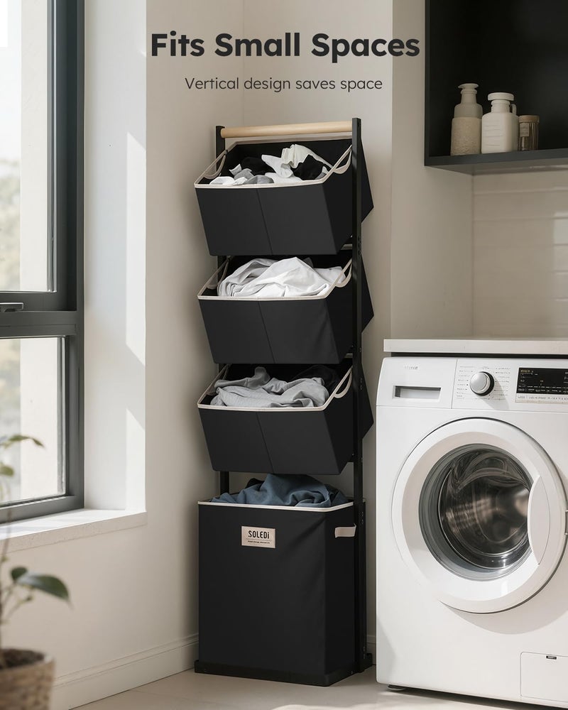 SOLEDI 4 Section Laundry Hamper Sorter, Stackable Laundry Basket Organizer with Removable Basket, 125L 4-Tier Vertical Laundry Sorter for Small Space, Laundry Room, Dorm, Bathroom, Wardrobe Black - Image 2