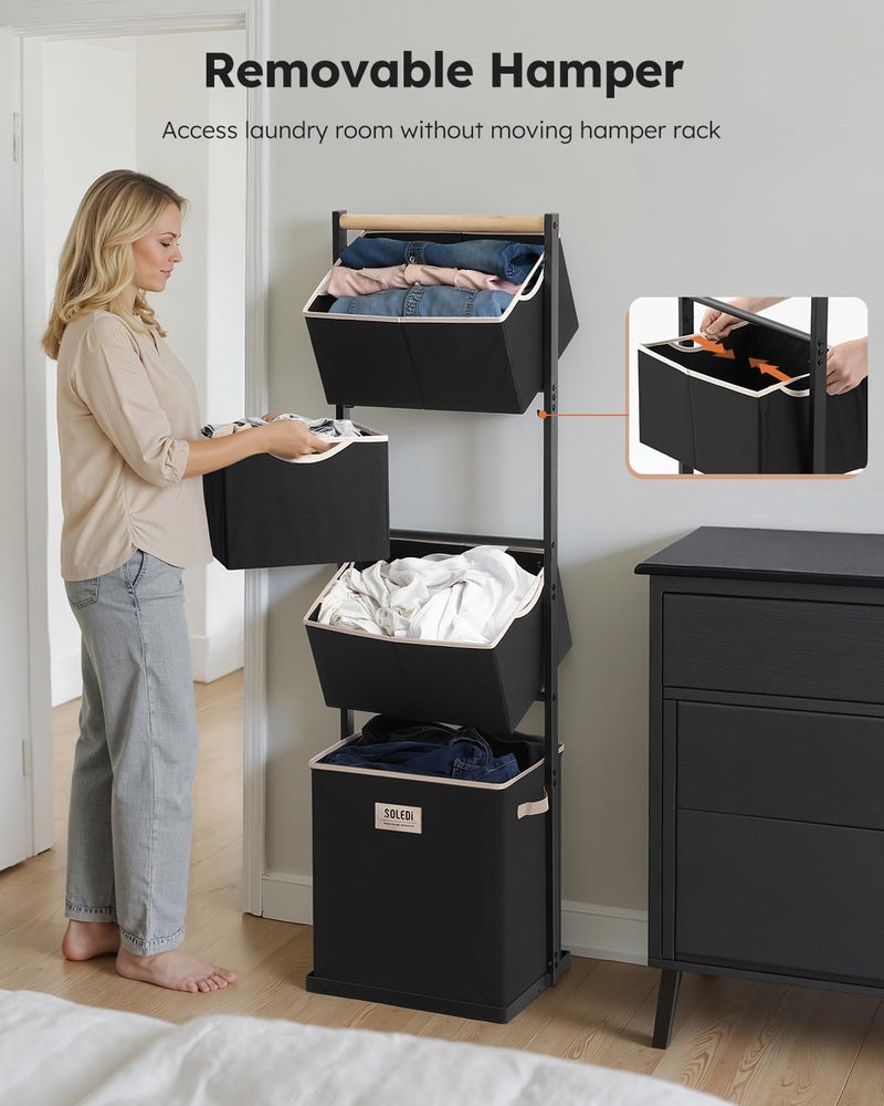 SOLEDI 4 Section Laundry Hamper Sorter, Stackable Laundry Basket Organizer with Removable Basket, 125L 4-Tier Vertical Laundry Sorter for Small Space, Laundry Room, Dorm, Bathroom, Wardrobe Black - Image 5