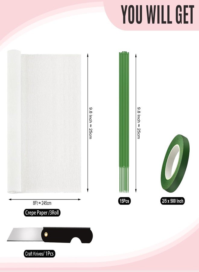 VNAKER White Crepe Paper Roll, 9.8Inch x 8.2Ft/3Rolls, Crepe Paper Sheet for Flower Making, Papel Crepe for Valentine's Day, Birthday Wedding Party Decoration DIY Craft - Image 2