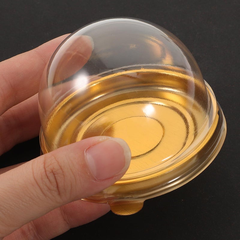 VOSAREA 50pcs Clear Plastic Mini Cake Boxes Small Dome Cake Boxes with Covers Dome Cupcake Boxes Packing Boxes Clear Mousse Container Mini Cupcake Boxes Display Holder (Golden) - Image 4