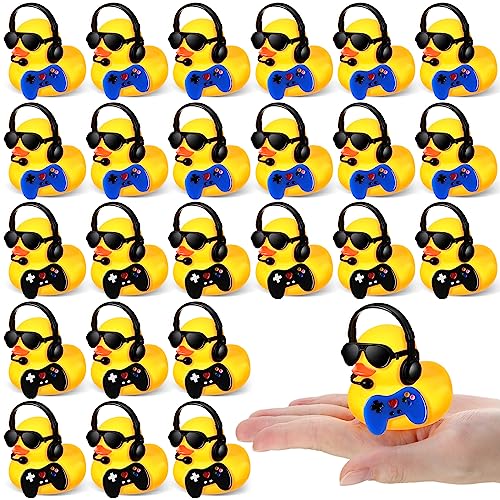 Leitee 24 Sets Video Game Party Favors Rubber Ducks with Mini Headset Glasses and Controllers Cute Bath Rubber Ducks Small Bathtub Accessories Toys for Birthday Swimming Party Favors Decoration - Image 1