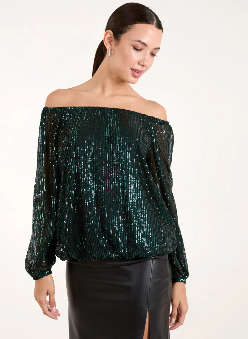 Blue Vanilla Elastic Neck Puffball Sequin Top