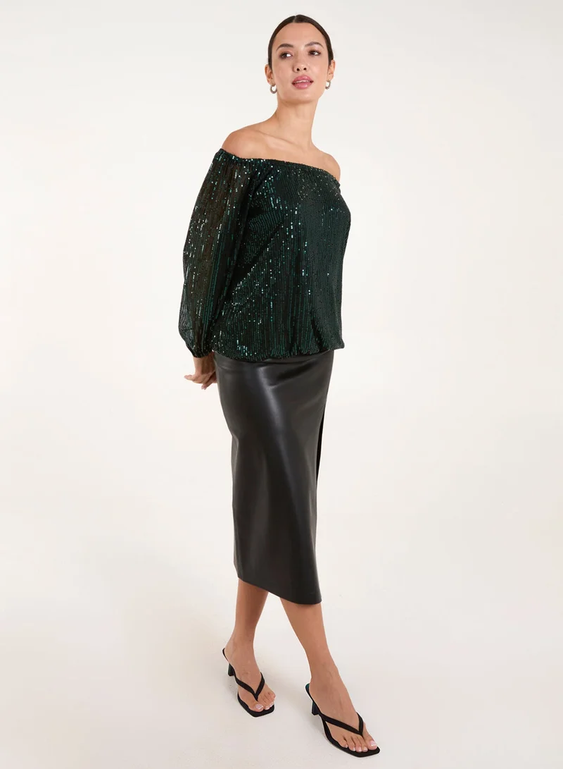 Blue Vanilla Elastic Neck Puffball Sequin Top