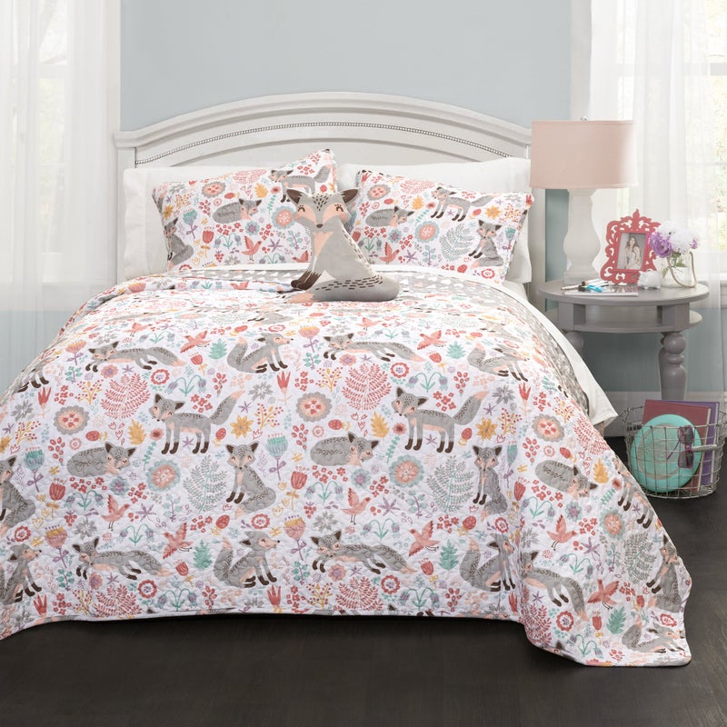 Lush Decor Pixie Fox Reversible Quilt Set, 3 Piece Set, Twin, Gray & Pink - Fun Lightweight Twin Bedding for Kids - Girls Pink Bedroom Decor - Image 1
