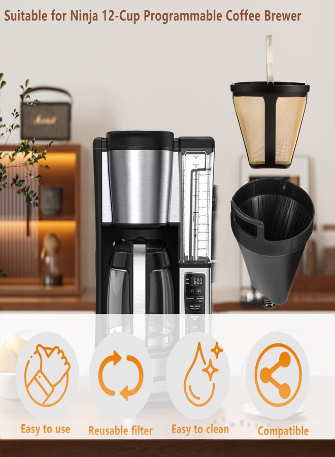 SLLFLY Permanent CE250 CE251 Filter Basket Holder & Gold Tone Filter Set，Compatible with Ninja 12-Cup Programmable Coffee Brewer CE200, CE200BRN, CE200C, CE201, CE201BRN, CE201C - Image 2