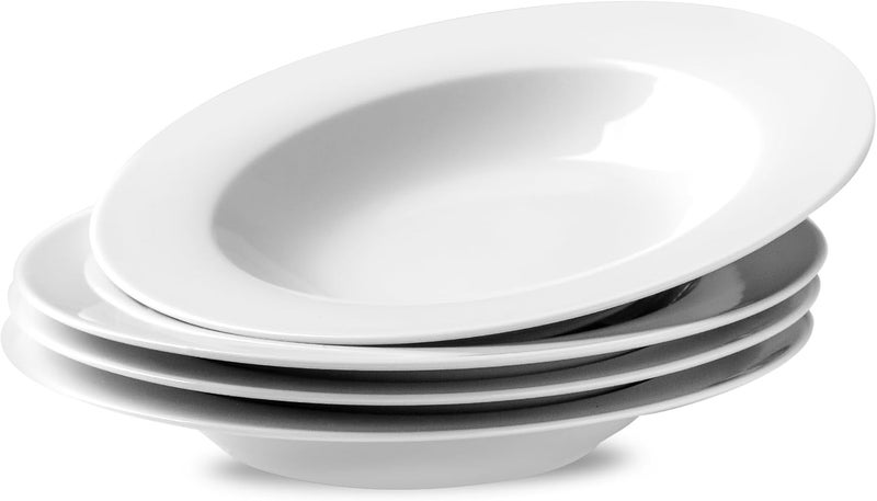 fMBB Ceramic Soup Bowls Shallow Plates 4 Pack White Dinner Bowls Plates Porcelain Wide Rim 85 Inch 85 oz Shallow Bowls  Ideal for Soup Dessert Salad and Pasta Microwave and Dishwasher Safe - Image 1