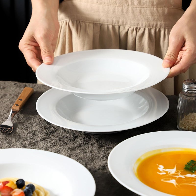 fMBB Ceramic Soup Bowls Shallow Plates 4 Pack White Dinner Bowls Plates Porcelain Wide Rim 85 Inch 85 oz Shallow Bowls  Ideal for Soup Dessert Salad and Pasta Microwave and Dishwasher Safe - Image 4