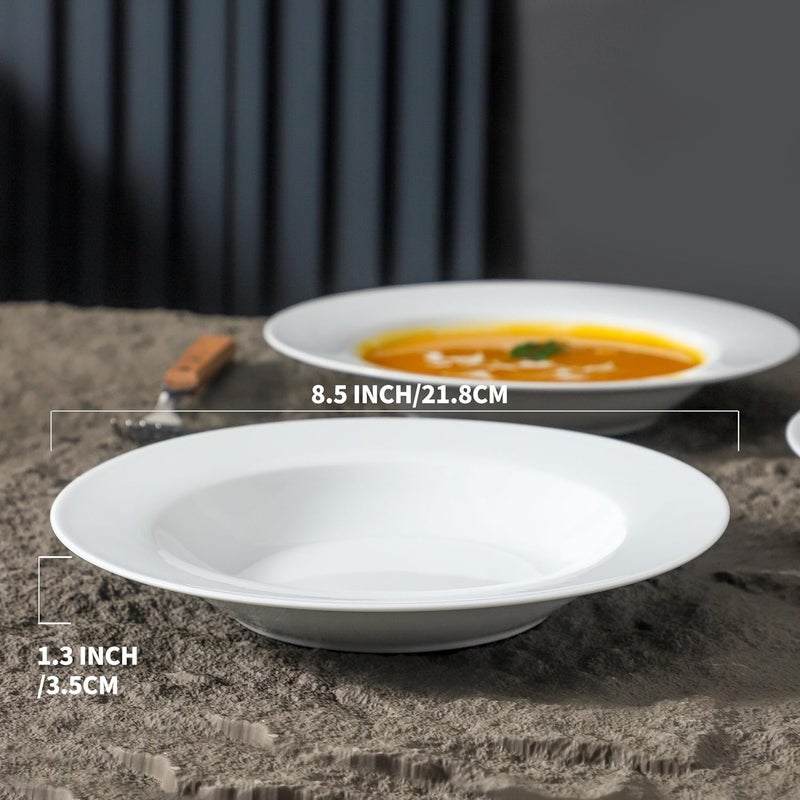 fMBB Ceramic Soup Bowls Shallow Plates 4 Pack White Dinner Bowls Plates Porcelain Wide Rim 85 Inch 85 oz Shallow Bowls  Ideal for Soup Dessert Salad and Pasta Microwave and Dishwasher Safe - Image 2
