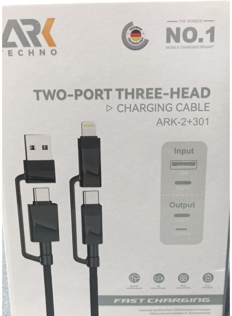 آرْكْ تِكْنُو ARK-2+301: كابل شحن سريع بموصلين وثلاث رؤوس | موصل متعدد 3 في 1 عالمي | مدخل USB-A وType-C - Image 1