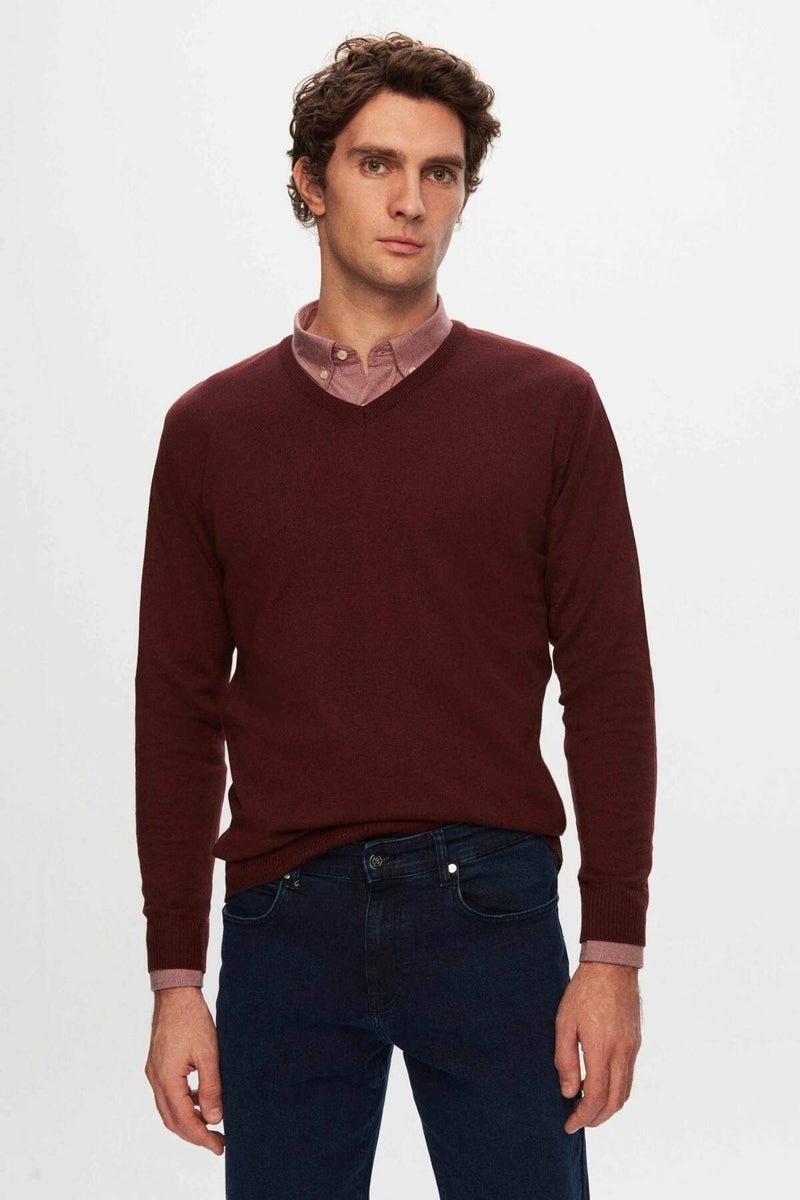 D'S DAMAT Regular Fit Claret Red Plain V Neck Knitwear Sweater 5HF06ORT12003  - Image 1