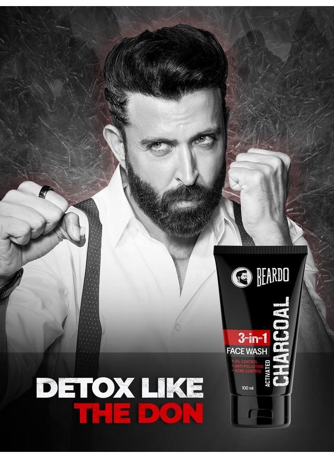 Beardo 3-in-1 Activated Charcoal Face Wash| Deep Cleanse, Exfoliate & Detoxify | All-in-One Face Wash for Oily Skin, Dirt & Pollution Removal | Oil Control Face wash for men 100ml