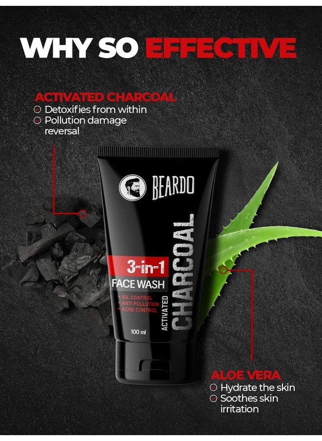 Beardo 3-in-1 Activated Charcoal Face Wash| Deep Cleanse, Exfoliate & Detoxify | All-in-One Face Wash for Oily Skin, Dirt & Pollution Removal | Oil Control Face wash for men 100ml