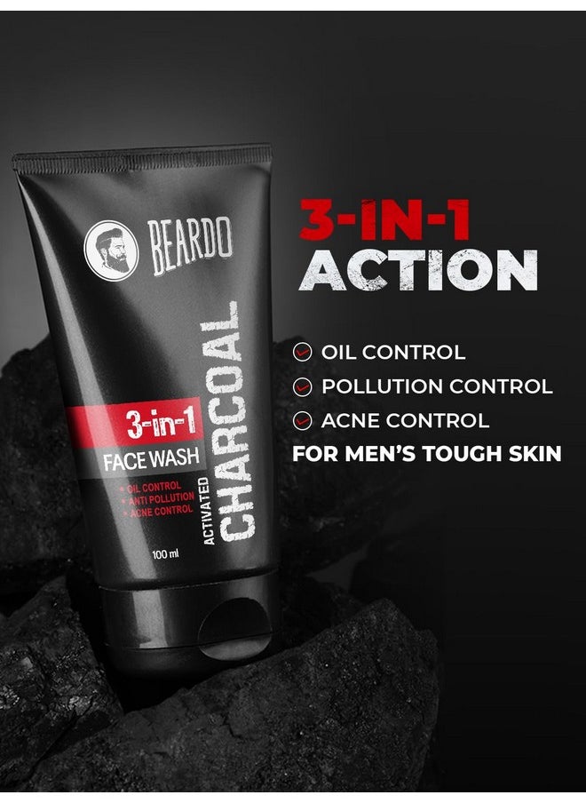 Beardo 3-in-1 Activated Charcoal Face Wash| Deep Cleanse, Exfoliate & Detoxify | All-in-One Face Wash for Oily Skin, Dirt & Pollution Removal | Oil Control Face wash for men 100ml