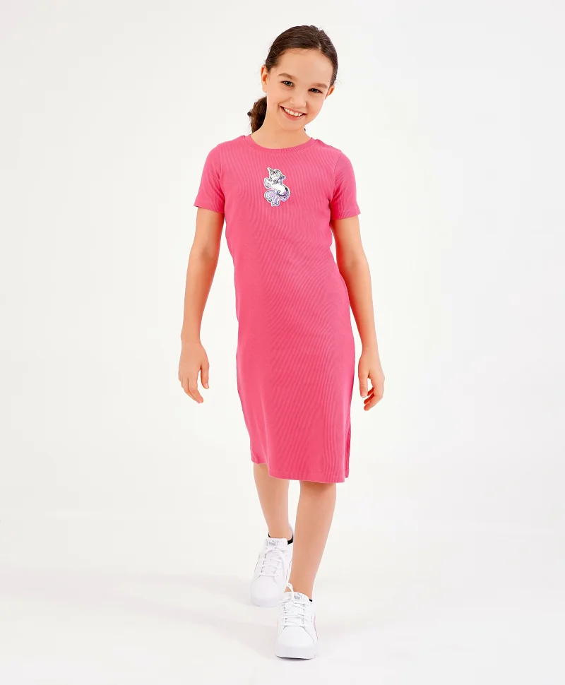 Primo Gino Primo Gino Half Sleeves Dress with Unicorn Badge and Side Slit - Pink