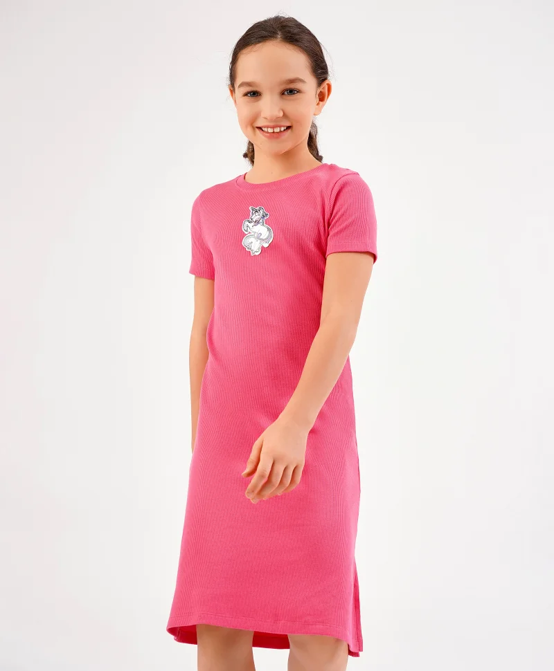 Primo Gino Primo Gino Half Sleeves Dress with Unicorn Badge and Side Slit - Pink