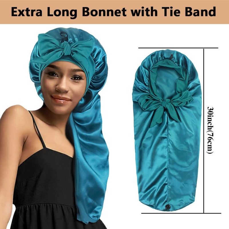 Heniho 2pcs Long Satin Bonnets with Tie Band, Large Braid Bonnet Silky Hair Cap for Locs Women Sleeping, D - Image 2
