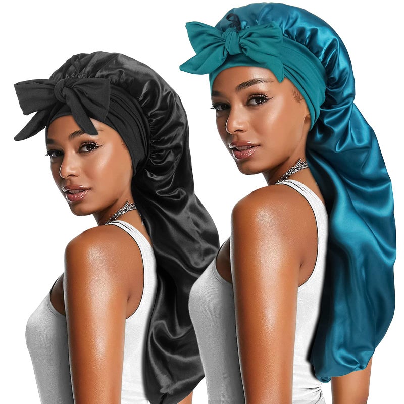 Heniho 2pcs Long Satin Bonnets with Tie Band, Large Braid Bonnet Silky Hair Cap for Locs Women Sleeping, D - Image 1