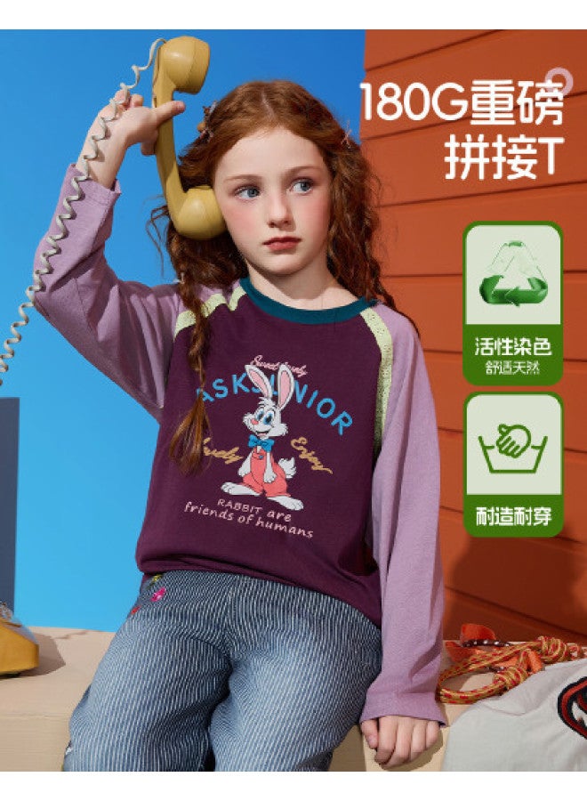 ASK JUNIOR Girls' T-shirt 25 Autumn Mid-child Color Blocking Splicing Children's Round Neck Long Sleeve Base Shirt - Image 1