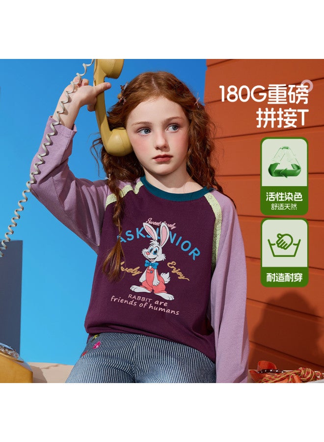 ASK JUNIOR Girls' T-shirt 25 Autumn Mid-child Color Blocking Splicing Children's Round Neck Long Sleeve Base Shirt - Image 2