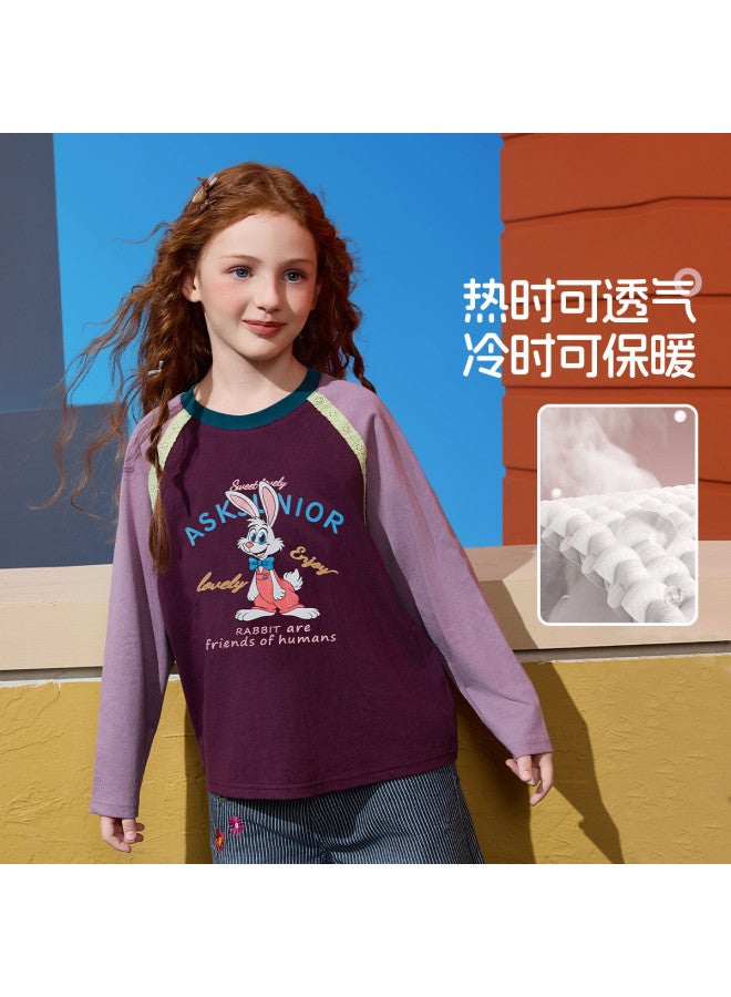 ASK JUNIOR Girls' T-shirt 25 Autumn Mid-child Color Blocking Splicing Children's Round Neck Long Sleeve Base Shirt - Image 3