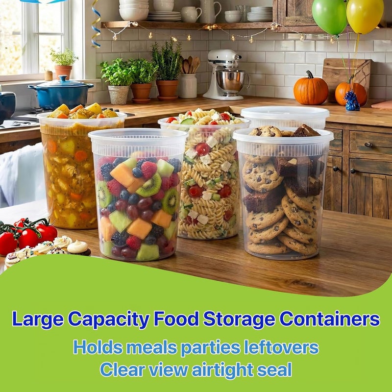Pokanic Food Storage Containers [10 Set] x [32 oz] Plastic Deli Containers with Lids Soup Meal Prep Containers | BPA Free | Stackable | Leakproof | Microwave/Dishwasher/Freezer Safe (10 Set, 32 oz) - Image 3