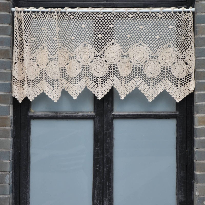 SouthMage Hand Crochet Lace Kitchen Cafe Window Curtain Valance French Country Farmhouse Tier 60 W x 17 L Beige