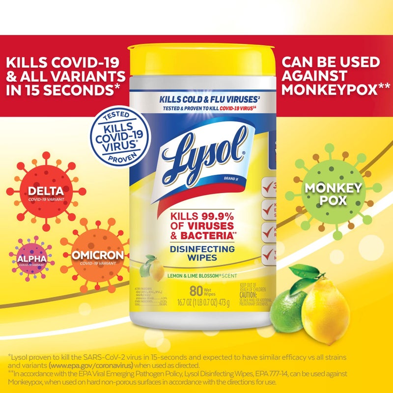 Lysol Disinfectant Wipes, Multi-Surface Antibacterial Cleaning Wipes, For Disinfecting and Cleaning, Lemon and Lime Blossom, 80 Count (Pack of 1) - Image 4