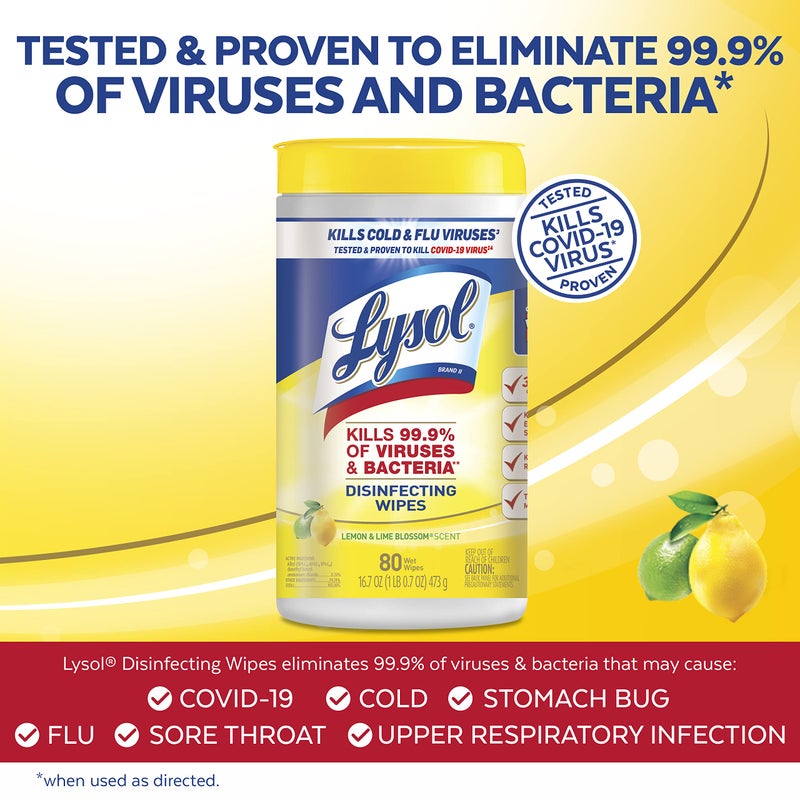 Lysol Disinfectant Wipes, Multi-Surface Antibacterial Cleaning Wipes, For Disinfecting and Cleaning, Lemon and Lime Blossom, 80 Count (Pack of 1) - Image 2