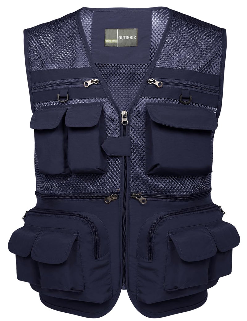 سترة صيد للرجال من فلايجو خفيفة الوزن متعددة الاستخدامات للسفر في الهواء الطلق مع 16 جيب شبكي باللون الأزرق البحري M