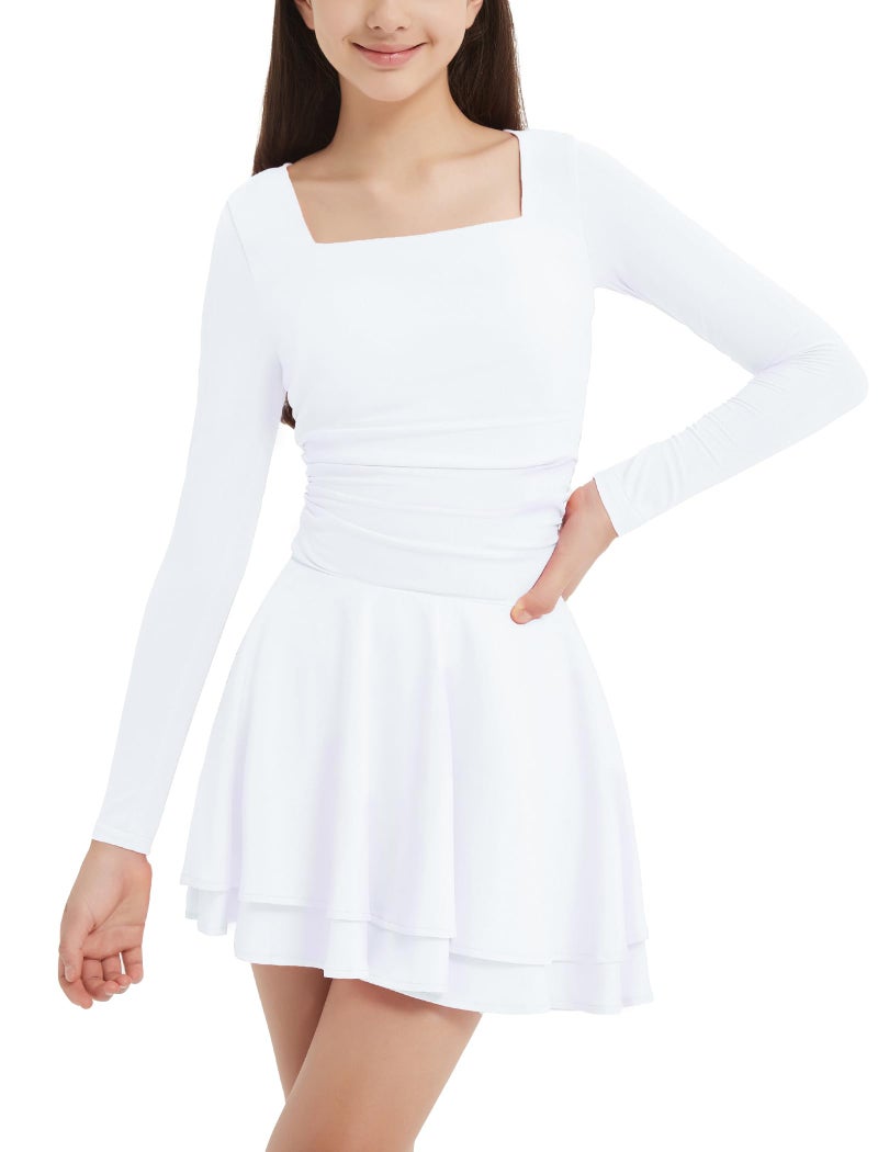 EXARUS Girls Dresses with Pads Long Sleeve Mini Short Square Neck A-Line Skater Tween Formal Ruffle Hem Ruched Flowy Dress White 12Y - Image 1