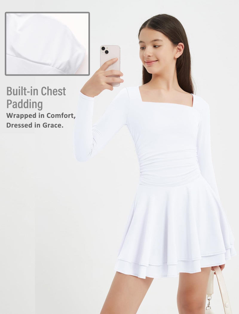 EXARUS Girls Dresses with Pads Long Sleeve Mini Short Square Neck A-Line Skater Tween Formal Ruffle Hem Ruched Flowy Dress White 12Y - Image 2