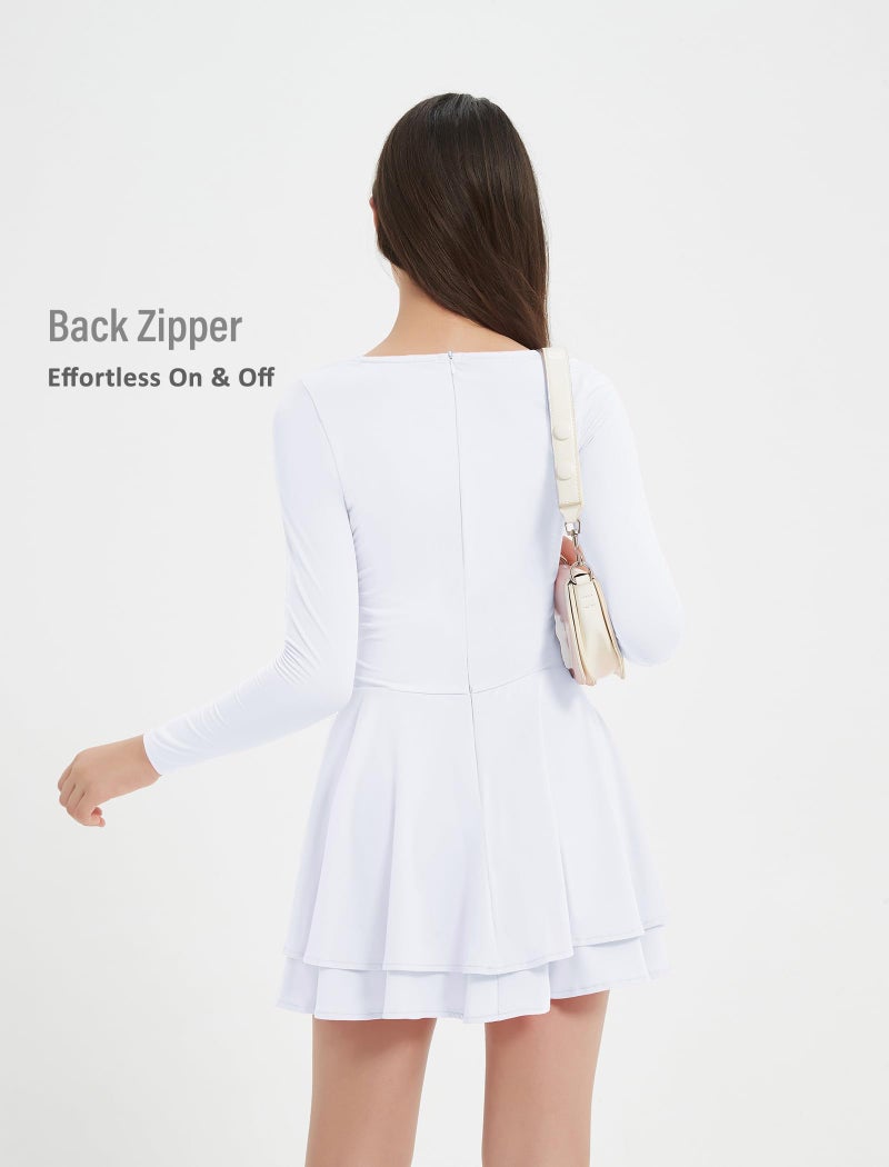 EXARUS Girls Dresses with Pads Long Sleeve Mini Short Square Neck A-Line Skater Tween Formal Ruffle Hem Ruched Flowy Dress White 12Y - Image 5