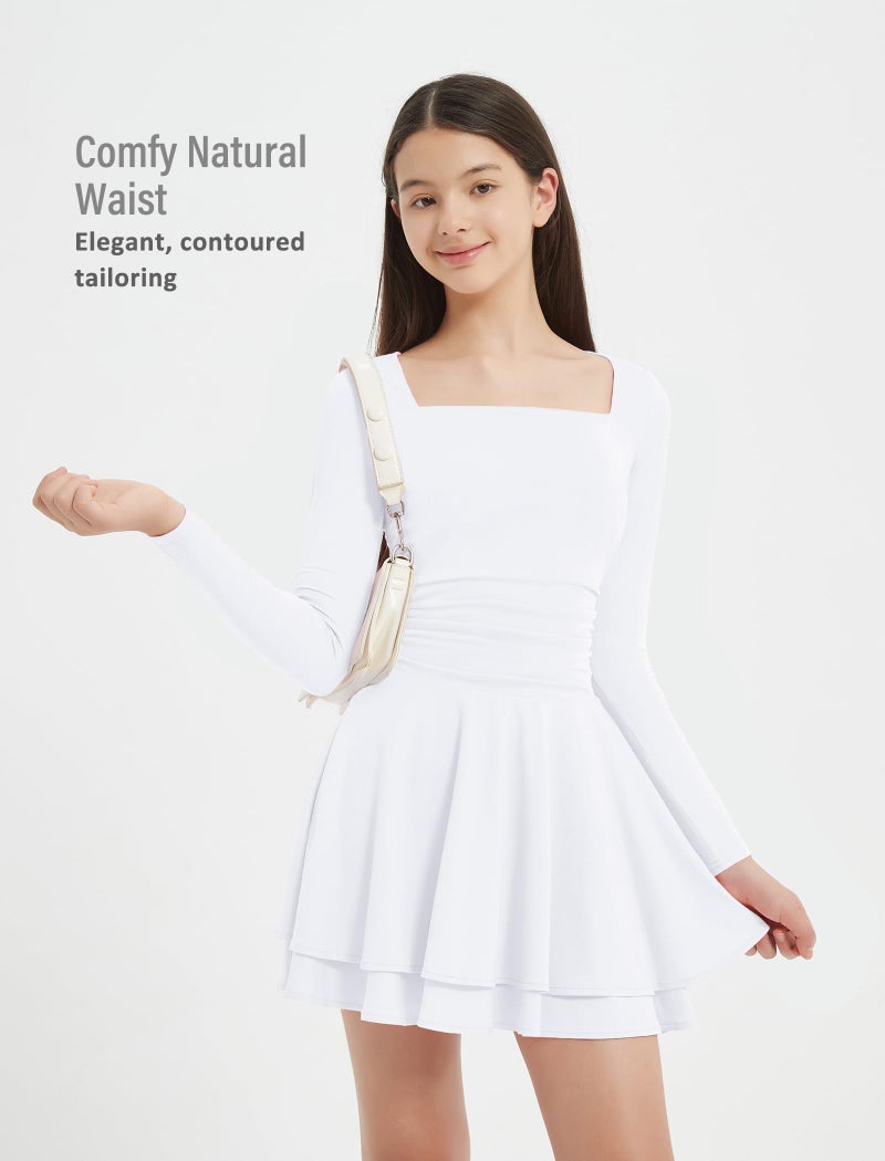 EXARUS Girls Dresses with Pads Long Sleeve Mini Short Square Neck A-Line Skater Tween Formal Ruffle Hem Ruched Flowy Dress White 12Y - Image 4