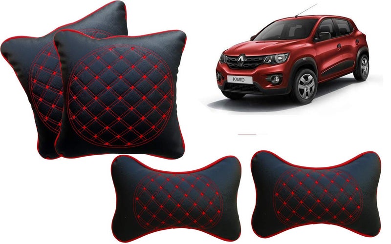 Selifaur Black and Red Double Quilted Car Cushion and Neck Rest Pillow Set of 4 for Kwid - Image 1