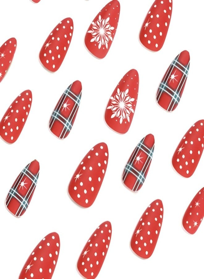 SPLOCUDU Almond Christmas Press on Nails Medium Red Fake Nails with White Snowflake Design Matte Christmas False Nails Acrylic Nails Full Cover Glue on Nails Stick on Nails for Women and Girls - Image 3