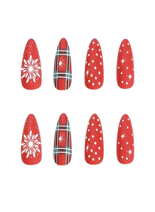 SPLOCUDU Almond Christmas Press on Nails Medium Red Fake Nails with White Snowflake Design Matte Christmas False Nails Acrylic Nails Full Cover Glue on Nails Stick on Nails for Women and Girls - Image 4