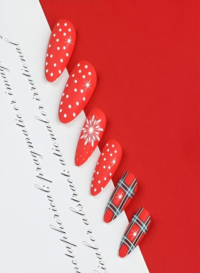 SPLOCUDU Almond Christmas Press on Nails Medium Red Fake Nails with White Snowflake Design Matte Christmas False Nails Acrylic Nails Full Cover Glue on Nails Stick on Nails for Women and Girls - Image 2