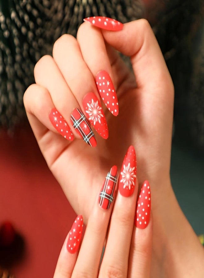 SPLOCUDU Almond Christmas Press on Nails Medium Red Fake Nails with White Snowflake Design Matte Christmas False Nails Acrylic Nails Full Cover Glue on Nails Stick on Nails for Women and Girls - Image 1