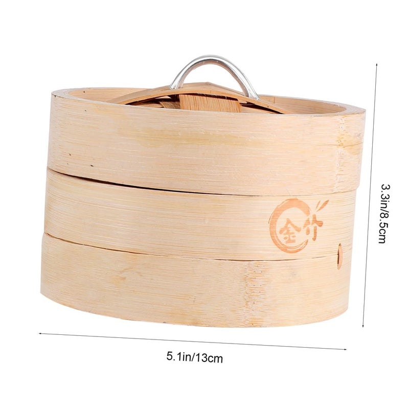 Medium 13Cm Natural Bamboo Steamer Basket Set With Lid For Dim Sum Dumplings Vegetables - Image 3