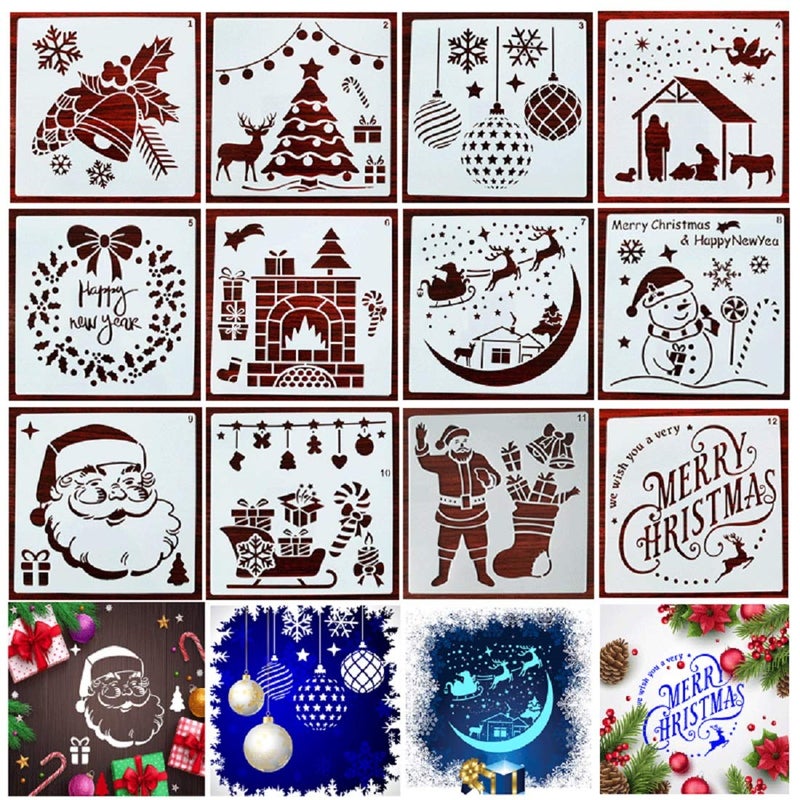 BPNHNA 12pcs Christmas Painting Stencils Bell Christmas Tree Wreath Santa Claus Deer Snowman Template Sets for Wood Paper Fabric Glass Art Creation Craft Projects(6x6 Inches) - Image 1