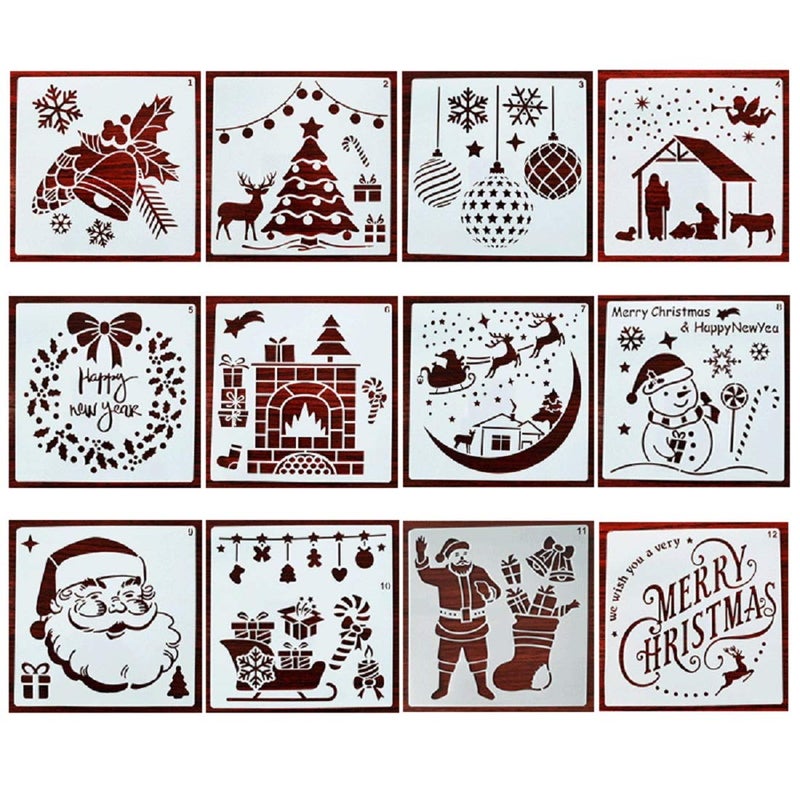 BPNHNA 12pcs Christmas Painting Stencils Bell Christmas Tree Wreath Santa Claus Deer Snowman Template Sets for Wood Paper Fabric Glass Art Creation Craft Projects(6x6 Inches) - Image 2