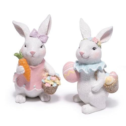 Hodao Easter Bunny Figurines Set Spring Rabbit Decor with Easter Eggs Basket Floral Wreath Bunny Statues Tabletop Home Decoration for Living Room Entryway - Image 3