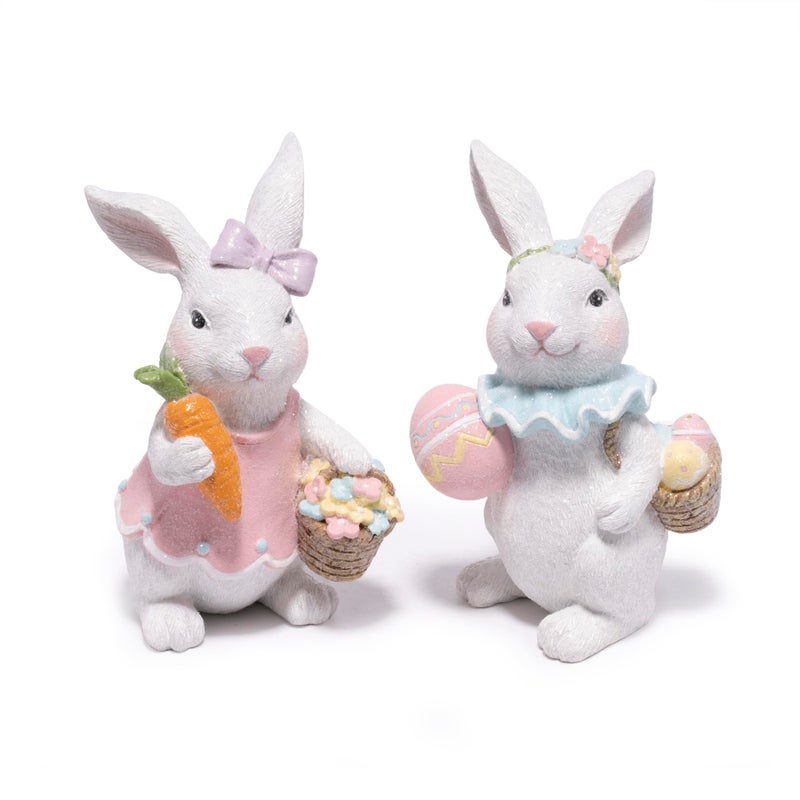 Hodao Easter Bunny Figurines Set Spring Rabbit Decor with Easter Eggs Basket Floral Wreath Bunny Statues Tabletop Home Decoration for Living Room Entryway - Image 2