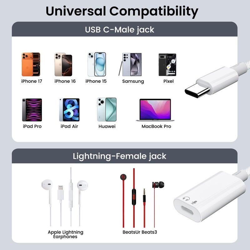 Mxcudu USB C to Lightning Headphone Audio Adapter, USB C Male to Lightning Female Earbuds Audio Adapter Compatible with iPhone 17/16/16e/15 Plus/Pro/Max, iPad Pro, iPad Air 6/5, MacBook (No Charge)[2 Pack] - Image 3